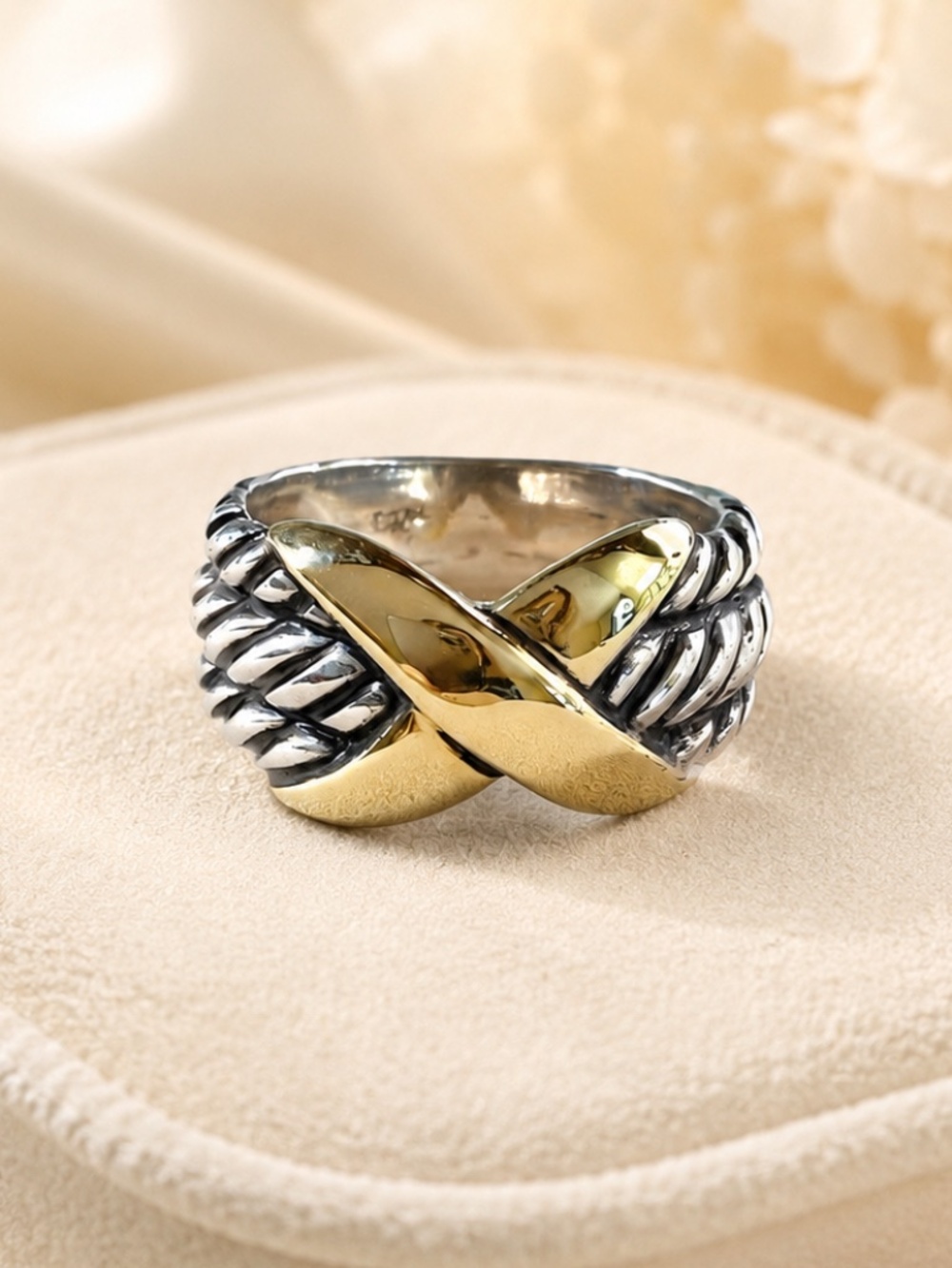 David Yurman 925 Sterling Silver 14K Gold Vintage X-Shape Ring Size 6